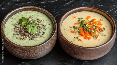 Fototapeta Naklejka Na Ścianę i Meble -  Bowls of creamy international soups with fresh herb garnishes