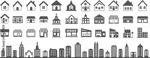 Building icon set, residential houses, commercial structures, city skyline vector, architectural silhouettes, urban design, black and white illustration