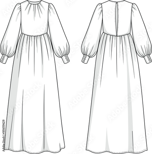 Long puff sleeve dress technical sketch, front and back view, high neck, cad drawing flat vector illustration
