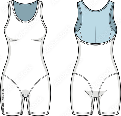 Women's bodysuit technical sketch, shapewear flat design, front and back view, garment construction details, cad drawing flat vector illustration