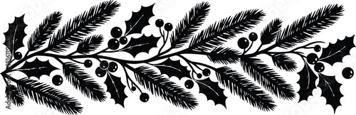 Christmas-themed holly and pine branches illustration perfect for festive decoration and seasonal design 