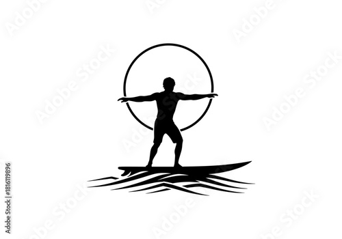 Surfer silhouette at sunset on ocean waves