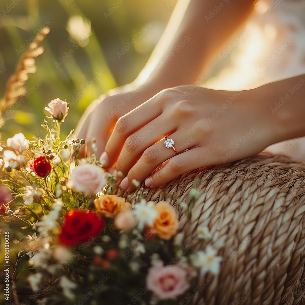 Fototapeta premium Woman's hand with engagement ring on woven bag next to wildflowers and roses on a wooden table at sunset high resolution for isolate image