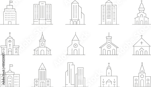 Minimalist building icons, line architecture set, church and office vector, institutional design, urban structures, clean outline illustration