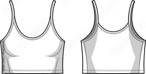 Crop top technical sketch, sports bra flat design, front and back view, garment construction details, cad drawing flat vector illustration