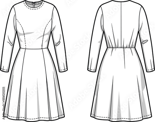 Long sleeve dress technical sketch, front and back view, princess seam, flared skirt, cad drawing flat vector illustration