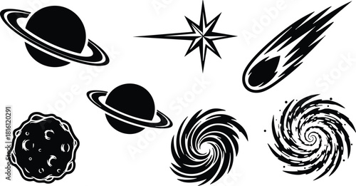 Cosmic elements including planets, stars, and a comet in black and white vector illustration for creative projects 