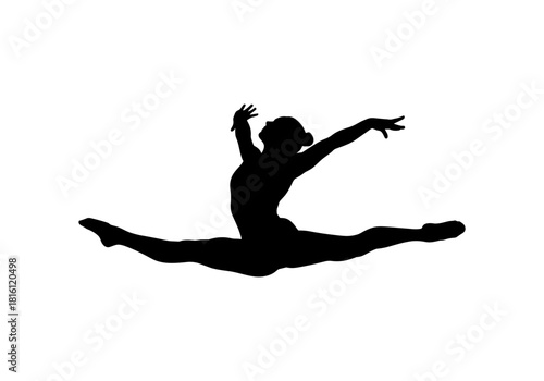 Graceful ballet dancer silhouette in mid-air split pose captures elegance and movement