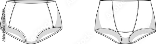 High-waisted underwear technical sketch, lingerie flat design, front and back view, garment construction details, cad drawing flat vector illustration