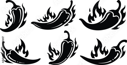 Spicy chili peppers with flames in various dynamic designs for bold culinary illustrations 