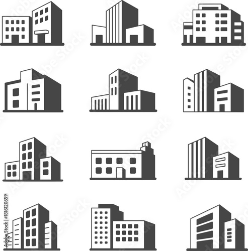 Urban building icon set, black and white architecture, vector city structures, commercial and residential design, minimalist silhouette illustration