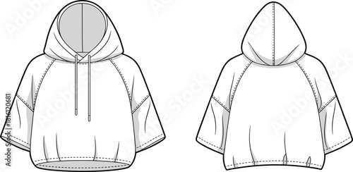 Oversized hoodie technical sketch, fashion flat design, front and back view, garment construction details, cad drawing flat vector illustration