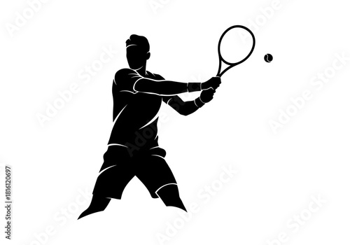 Silhouette of tennis player in action with racket and ball on white background