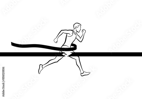 Athlete crossing finish line in dynamic linear design on white background