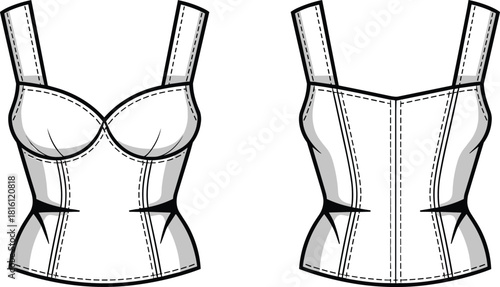 Corset style fitted top technical sketch, front and back view, bust seam detail, cad drawing flat vector illustration