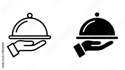 Professional waiter's hand holding a cloche tray icon set, symbolizing elegant dining, catering service, gourmet food presentation, and hospitality.
