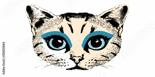 Stylized cat portrait with blue eyeshadow on a white background