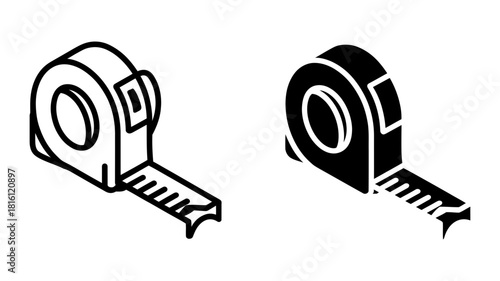 Isometric tape measure icons set featuring both outline and solid silhouette designs, perfect for construction, diy, and accurate measurement.