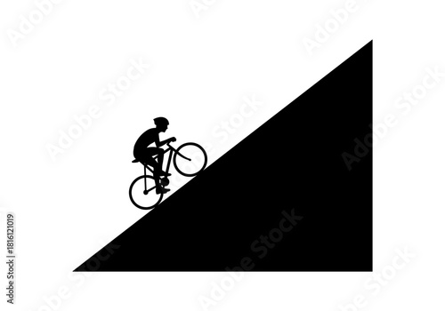 Cyclist climbing steep hill silhouette on black and white background