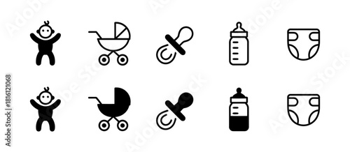 Baby care items icon set including newborn infant symbol, pram, pacifier, feeding bottle, and diaper in outline and glyph style.