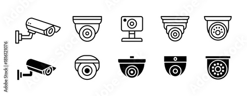 Security camera icons set, vector surveillance equipment symbols collection for digital interfaces, monitoring, and safety systems, line and solid.