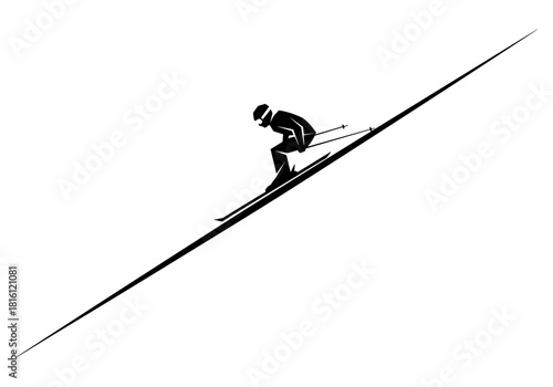 Silhouette of skier descending downhill on steep slope