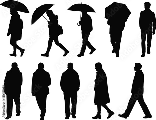 Walking silhouette figures, umbrella poses, black vector icons, people in motion, rainy day design, casual attire, gesture artwork, lifestyle illustration