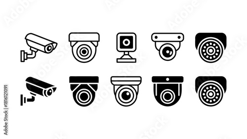 Set of security camera icons, illustrating various cctv, surveillance, and monitoring devices for modern safety and protection systems.