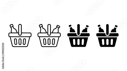 Shopping basket icon set with bottles, perfect for e-commerce, delivery apps, grocery services, and retail concepts. line and glyph styles included.