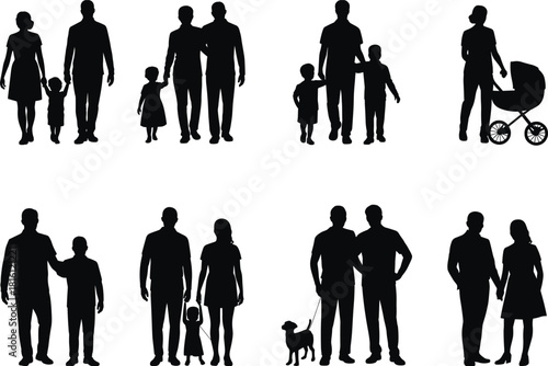 Family silhouette illustration, diverse groupings, black vector icons, parents and children, pet inclusion, casual poses, social design, lifestyle artwork