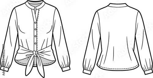 Blouse fashion sketch, front and back view, technical garment drawing, vector template, tied waist design, cad drawing flat vector illustration