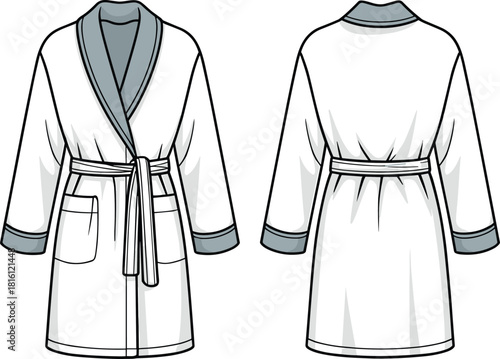 Bathrobe fashion sketch, shawl collar design, patch pocket detail, front and back view, CAD drawing flat vector illustration Bathrobe fashion sketch