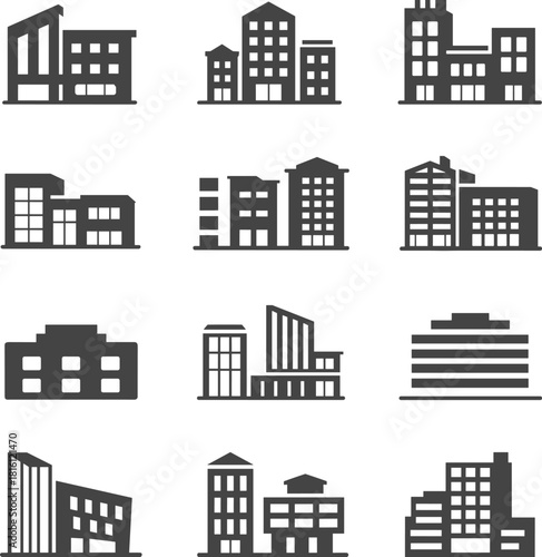 Urban building silhouettes, black vector icons, architectural diversity set, commercial and residential structures, city design elements, infrastructure illustration