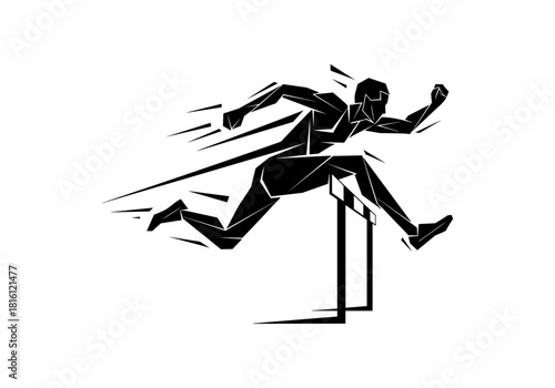 Dynamic silhouette of athlete hurdling in black and white geometric style