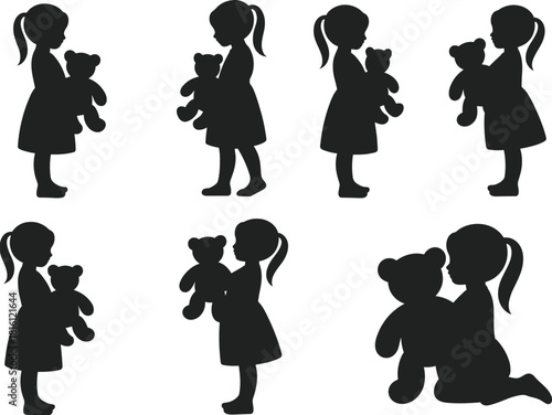 Child silhouette with teddy bear, emotional poses, black vector icons, girl in dress, toy bonding, innocence illustration, sitting artwork
