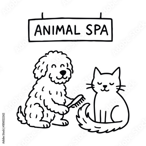 Black-and-white cartoon illustration of dog grooming cat with comb under “ANIMAL SPA” sign in playful pet care theme