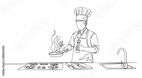 Professional chef cooking in kitchen with pan and spices.