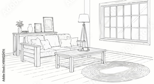 Cozy Living Room Sketch with Sofa Coffee Table and Lamp.