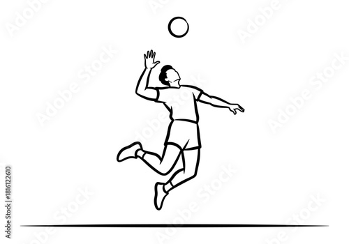 Dynamic volleyball player in mid air spike silhouette on white background