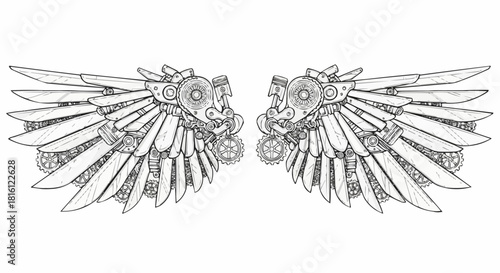 Intricate Steampunk Wings Detailed Line Art Illustration.