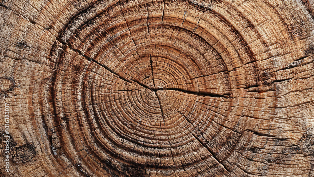 Naklejka premium Rustic tree trunk cross-section with distinct annual growth rings and natural cracks, highlighting organic wood texture and age.