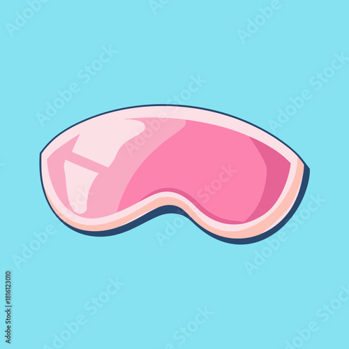 Glossy pink eye mask for sleep or relaxation flat minimalist vector illustration on blue background with highlight reflections and shadow