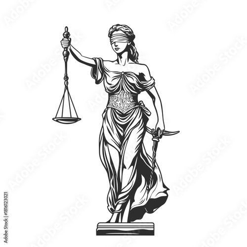 Lady Justice blindfolded holding scales and sword standing on pedestal black and white illustration symbolizing fairness and law enforcement