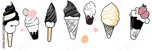 Variety of seven black and white soft serve and scoop ice cream cones with toppings in minimalist flat vector style on white background illustration for dessert and summer treat concepts