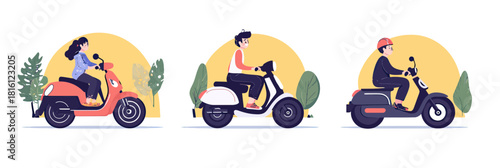 Electric scooters with three diverse riders riding eco friendly urban electric scooter transportation flat vector illustration