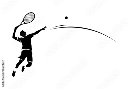 Dynamic tennis player silhouette serving with racket across court