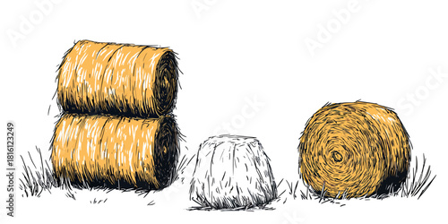 Hand drawn hay bale set including stacked rectangular bales, single round hay bale, and loose hay cluster in minimalist sketch style isolated on white background