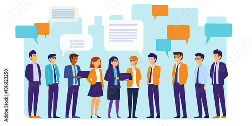 Diverse business people standing in line communicating with speech bubbles flat vector illustration of corporate team discussion and teamwork concept