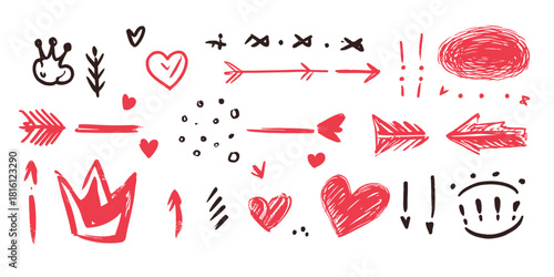 Hand drawn red and black sketch doodles set with arrows, hearts, crown, exclamation marks, and scribbles for creative design elements, vector illustration