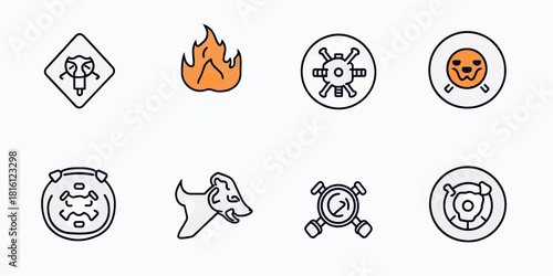 Danger warning hazard icons set including biohazard virus explosion fire skull mask alert line art symbols vector illustration minimal flat style
